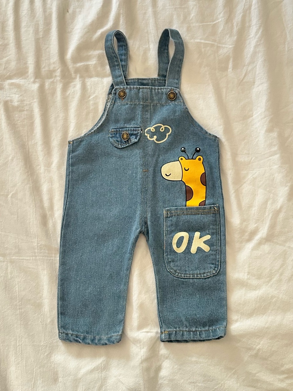 Blue Denim Kids Overalls with Giraffe Pocket - OK Print